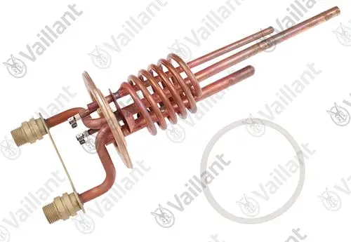 Kupferwärmetauscher von Vaillant mit einer spiralförmigen Spirale und Anschlussstücken. Er dient zur Wärmeübertragung in Heizsystemen.